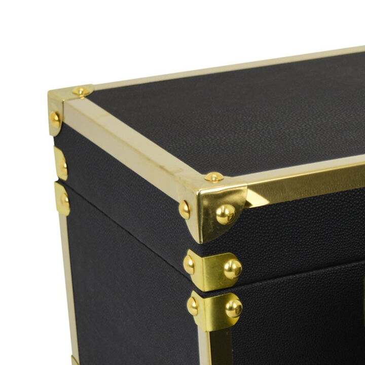 Mecca Storage Box Set of 2, Rivet Accents, Gold Metal Trim, Black Wood - Benzara