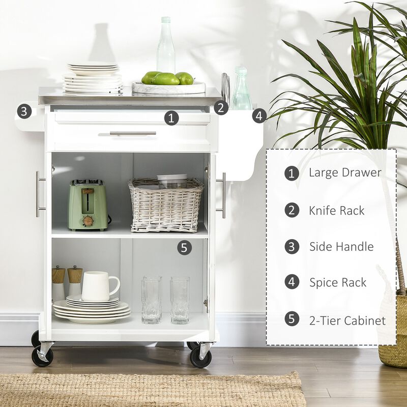 White Kitchen Cart: Stainless Top, Drawer, Towel/Spice Rack, Wheeled