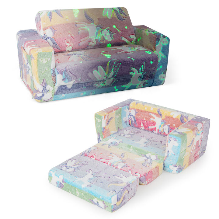 2-in-1 Flip Out Kids Sofa Chair with Detachable Flannel Fabric Cover and Glowing Patterns