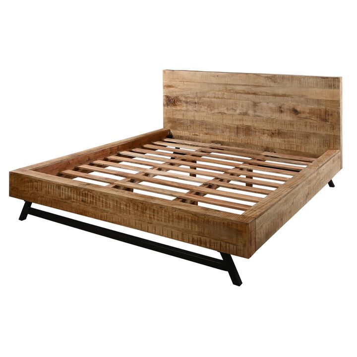 Bree Modern Rustic Queen Size Platform Bed, Brown Acacia & Mango Wood Frame, Black Iron Angled Legs