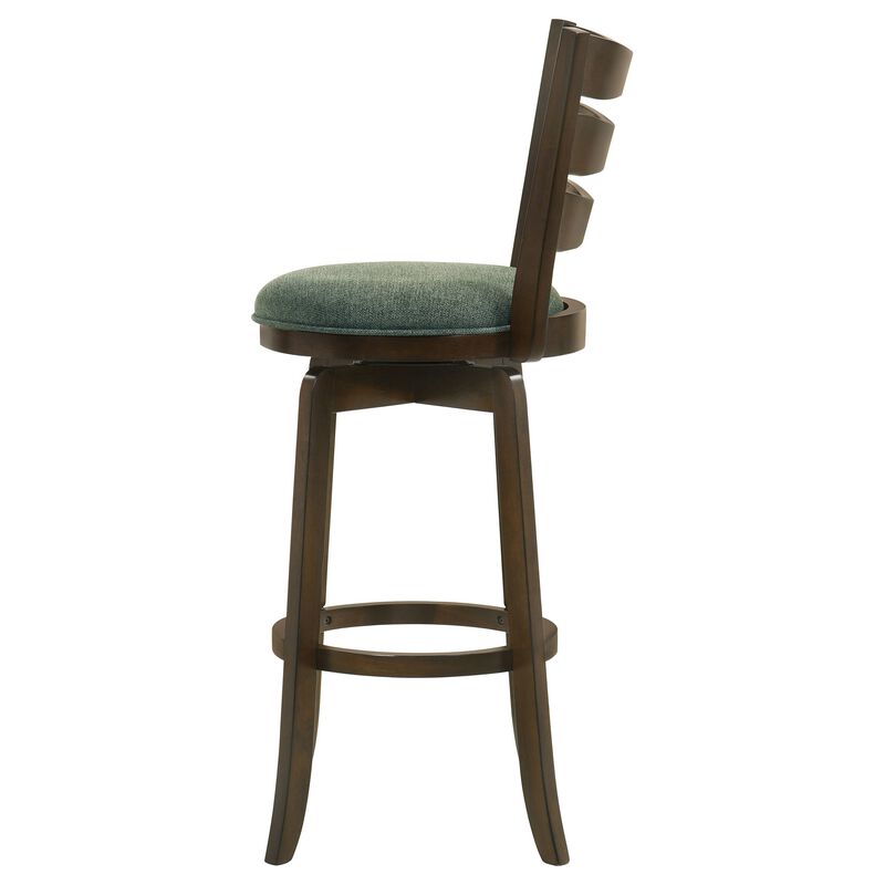 Mona Swivel Barstool Chair, Hunter Green Fabric, Dark Cherry Brown Finish - Benzara