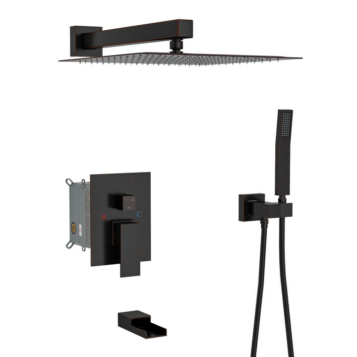 12" Rain Shower Head Systems With Waterfall Tub Spout, Oil Rubber Bronze, Wall Mounted Shower