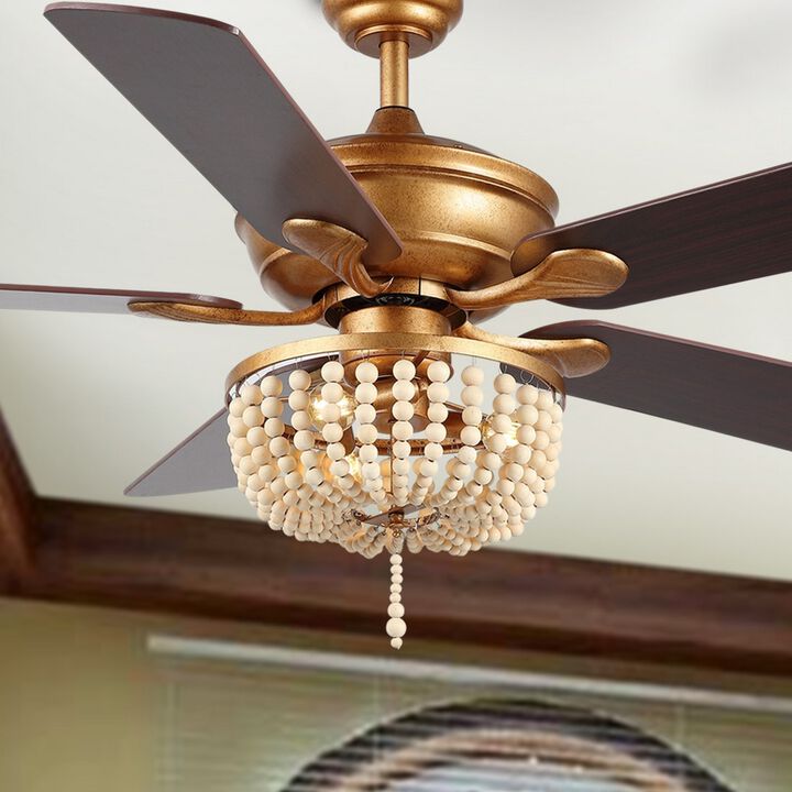 Erin Rustic Farmhouse Iron/Wood Bead Mobile Appremote Controlled LED Ceiling Fan