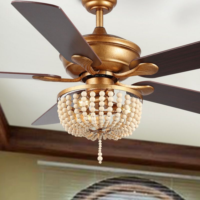 Erin Rustic Farmhouse Iron/Wood Bead Mobile Appremote Controlled LED Ceiling Fan