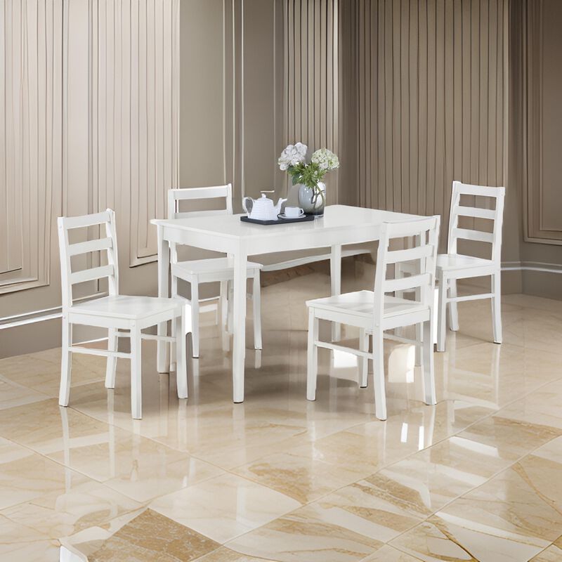 Lav 5 Piece Dining Table and 4 Chair Set, Open Backs, White Solid Wood - Benzara