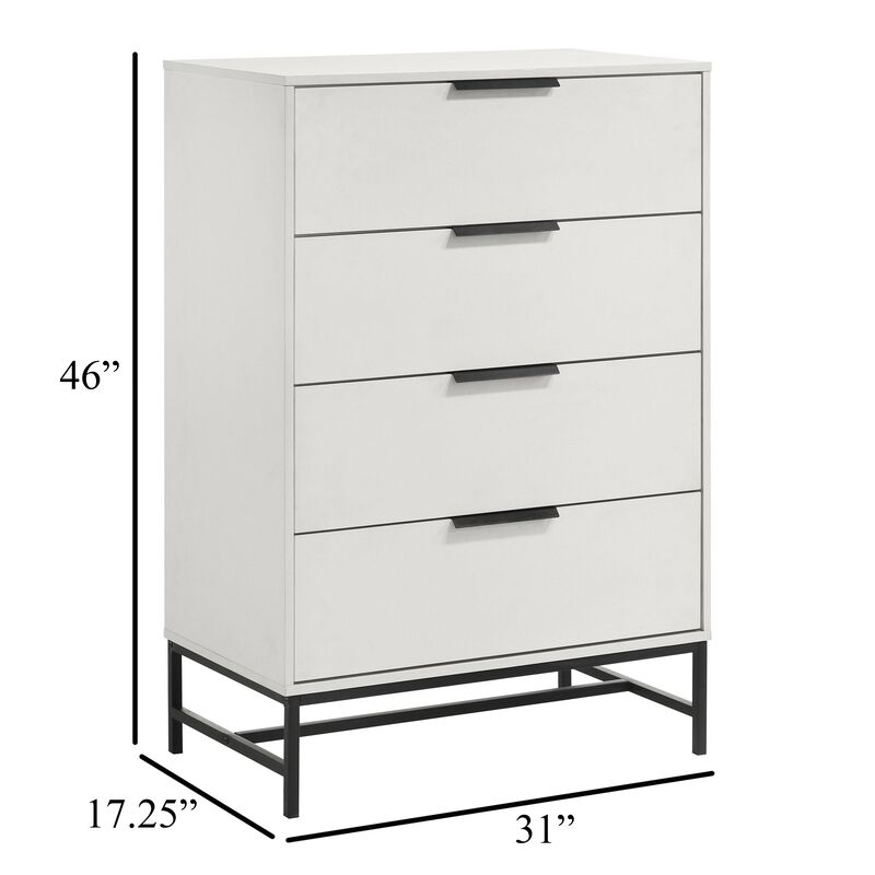 Noro Tall Dresser Chest, 4 Storage Drawers, Modern White, Black Metal - Benzara