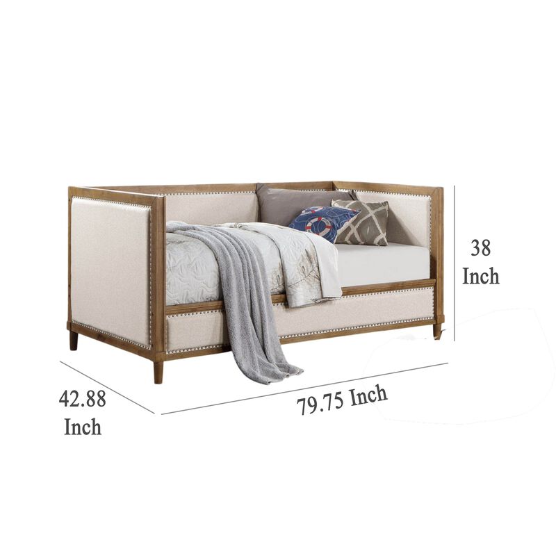 Kyra Twin Daybed with Nailhead Trim, Light Oak Pinewood, Beige Fabric - Benzara