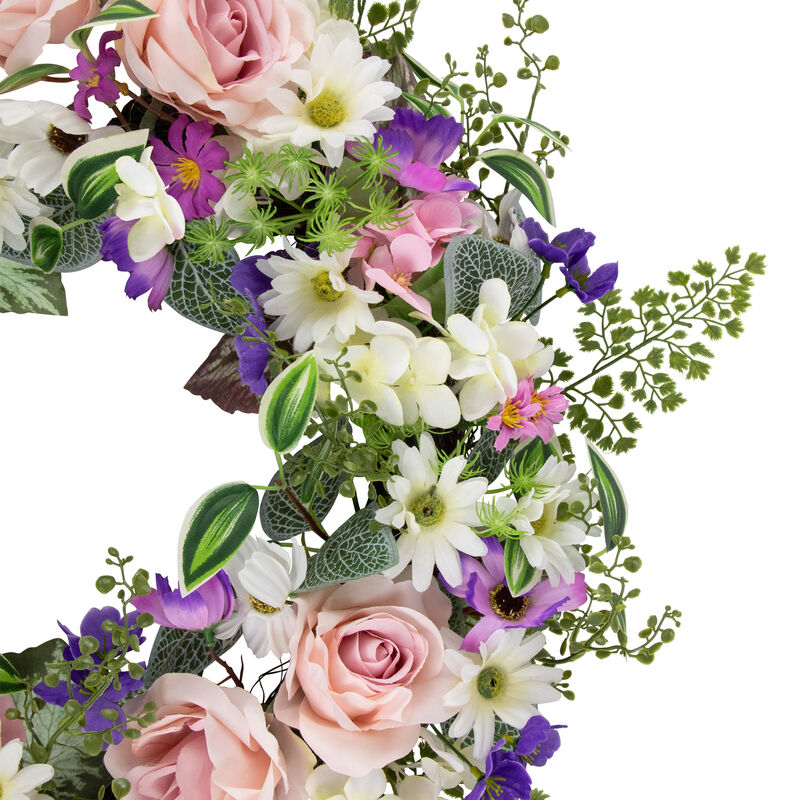 Mixed Floral and Fern Artificial Spring Wreath  24-Inch
