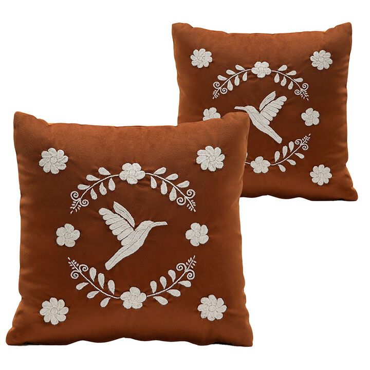COLIBRÍ Hand Embroidered Decorative Pillows in Terracota Velvet by ANDEAN, Set of 2, In Stock