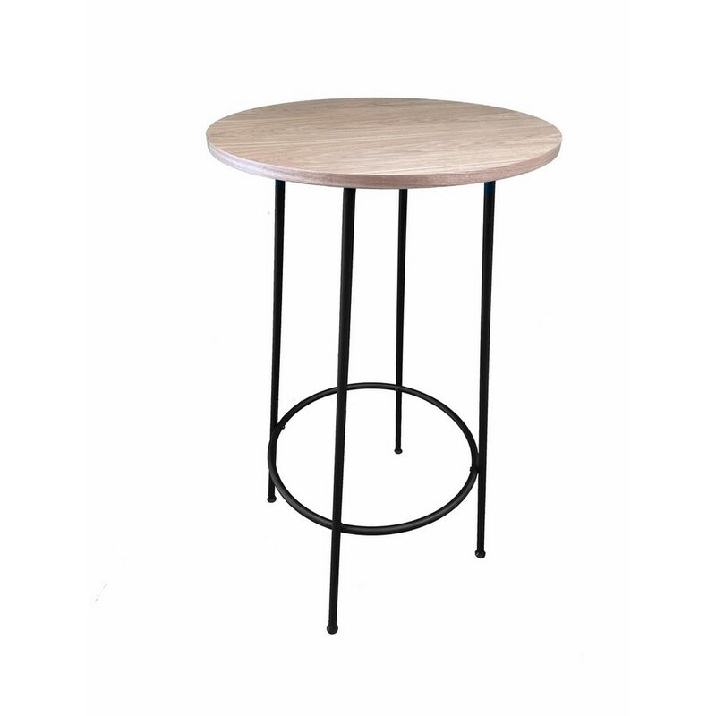 Neni 42 Inch Bar Table, Round Natural Brown Wood Top, Modern Black Metal - Benzara