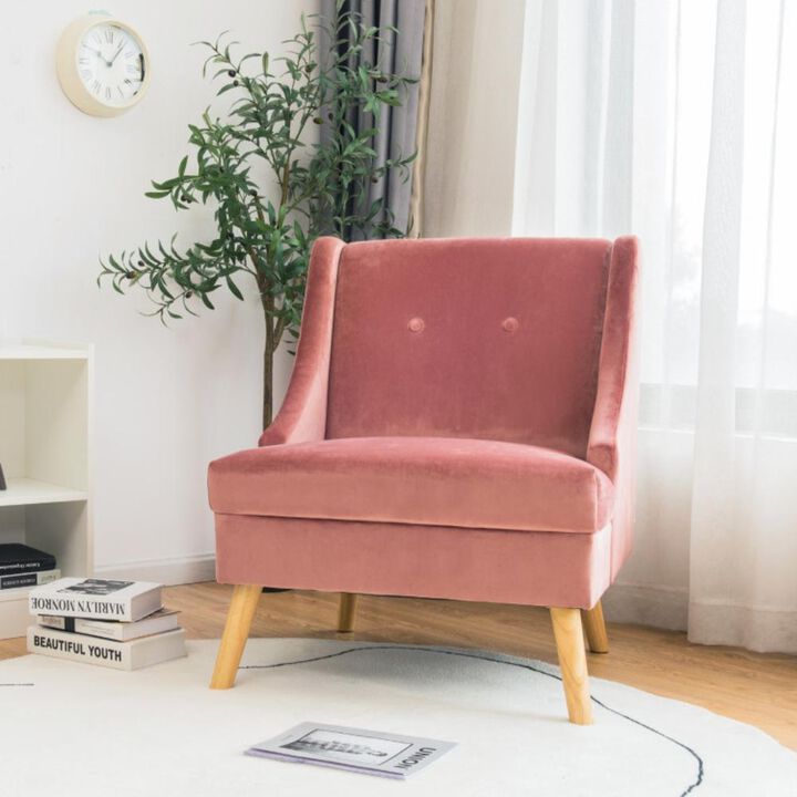 Hivvago Velvet Wing Back Accent Chair with Rubber Wood Legs and Padded Seat for Living Room-Pink