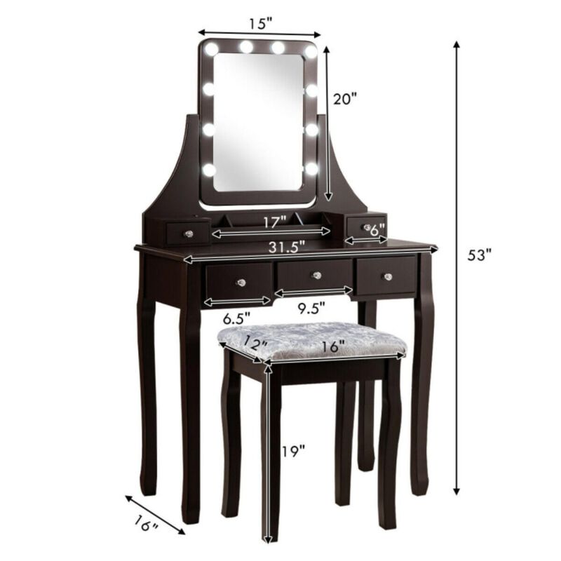 Hivvago Vanity Dressing Table Set with 10 Dimmable Bulbs and Cushioned Stool