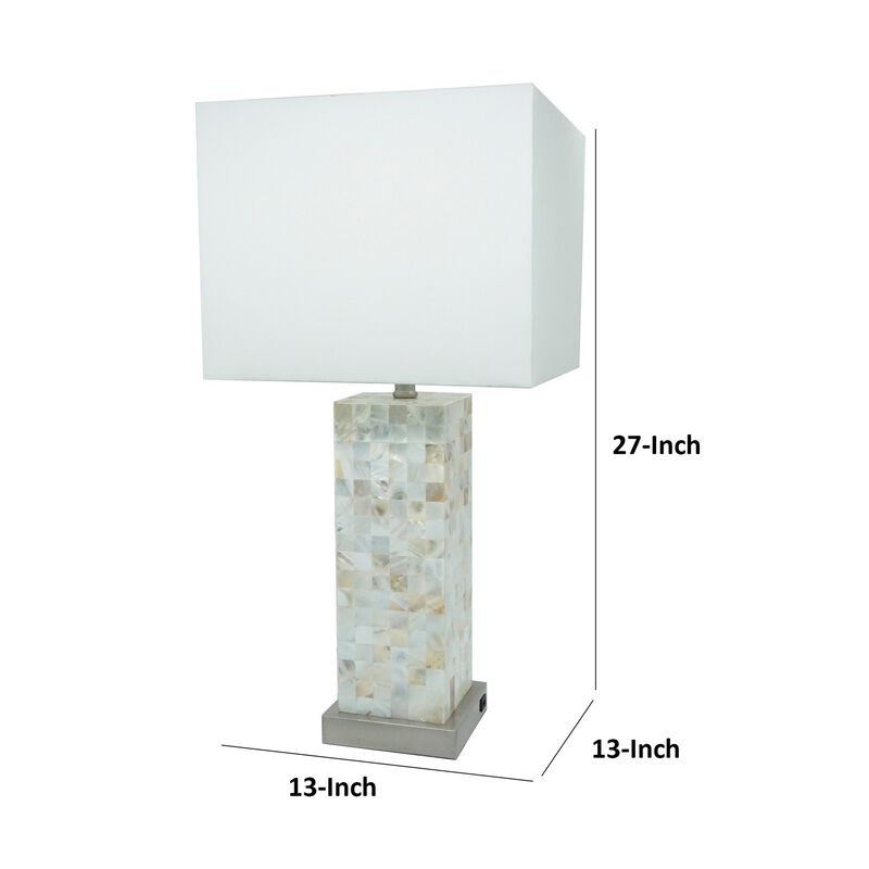 27 Inch Table Lamp Set of 2, Square White Shade, Steel Base, Marble, White - Benzara