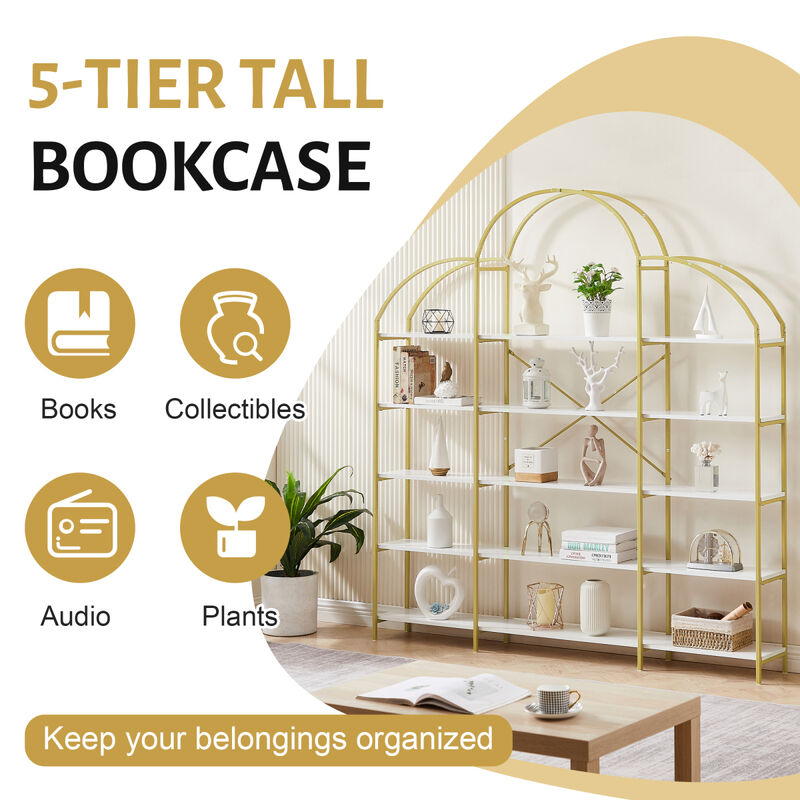 74.8 Inch 5 Tiers Office Bookcase Bookshelf, Display Shelf With Round Top, X Bar Frame