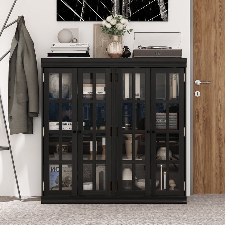 FUFU&GAGA Modern Black Glass Door Cabinet with Adjustable Shelves & Metal Handles (47.2" W x 15.7" D x 47.2" H), Black
