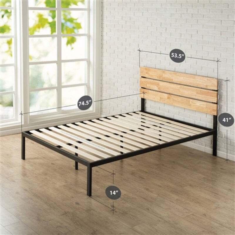 Metal Platform Bed Frame with Wood Slats and Headboard