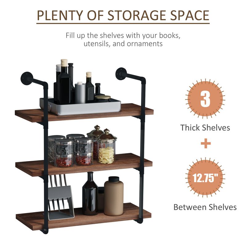 Rustic Wall Storage: 3-Tier Industrial Pipe Style Shelf Bookcase