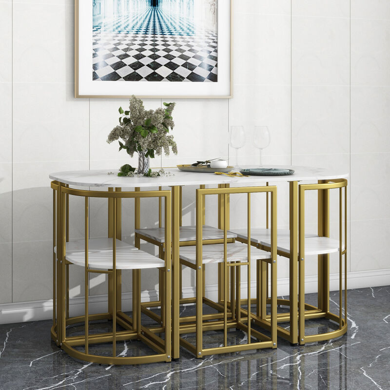 Modern 7-Piece Dining Table Set With Faux Marble Compact 5 5" Kitchen Table Set For 6, Gold