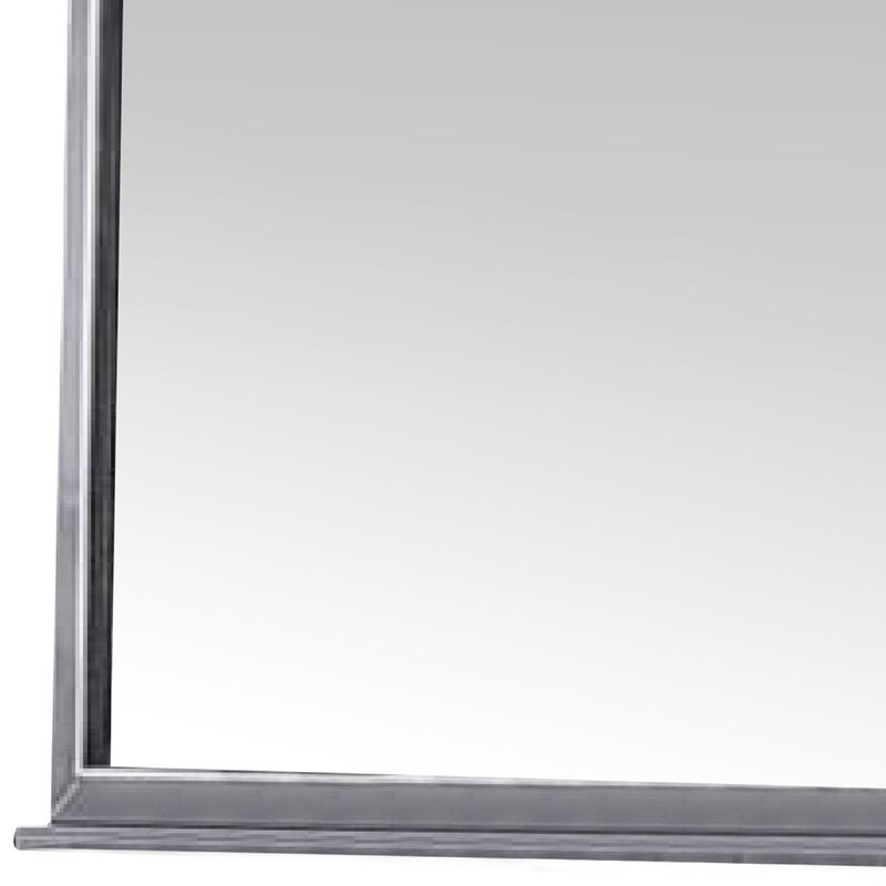 39 Inch Wood Mirror, Scooped Corners, Silver Trim, Charcoal Gray-Benzara