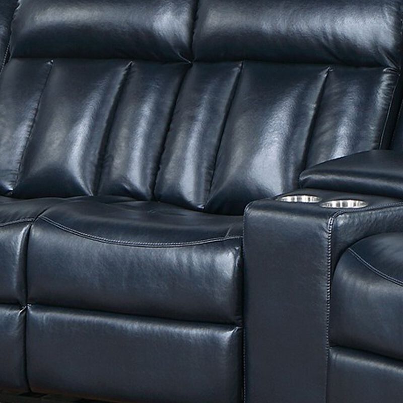 Max 5 Piece Manual Recliner Sectional Set, Vegan Faux Leather, Navy Blue-Benzara