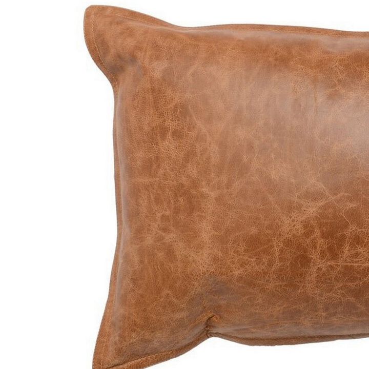 Rectangular Leatherette Throw Pillow with Stitched Details, Small, Brown-Benzara