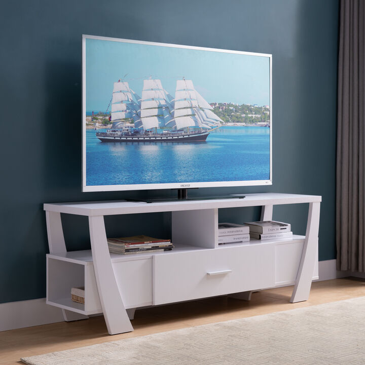 White TV Stand with 2 Shelves and Drawer