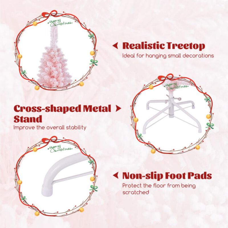 Hivvago Snow Flocked 5/6/7/8 FT Artificial Pink Xmas Tree with 328/460/635/1000 Branch Tips