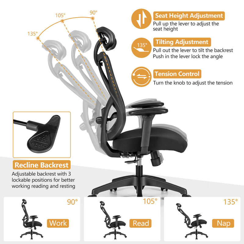 Costway Reclining Mesh Office Chair Swivel Chair w/ Adjustable Lumbar Support