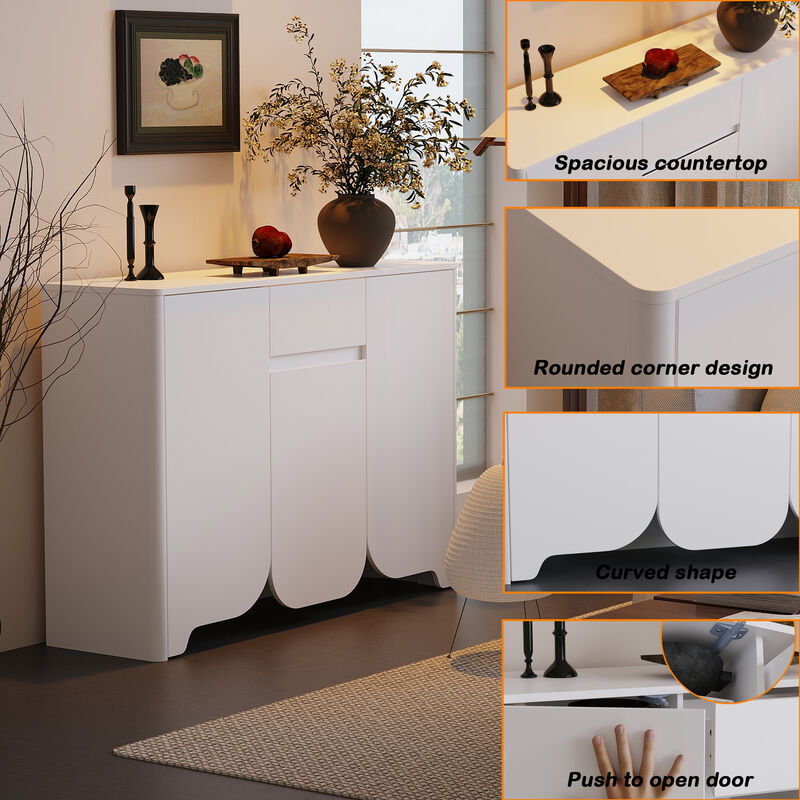 FUFU&GAGA Modern White Cabinet – 3 Doors, 1 Drawer, Arched Design, MDF Living Room Storage Cabinet (47.2" W x 13.7" D x 33.5" H), White