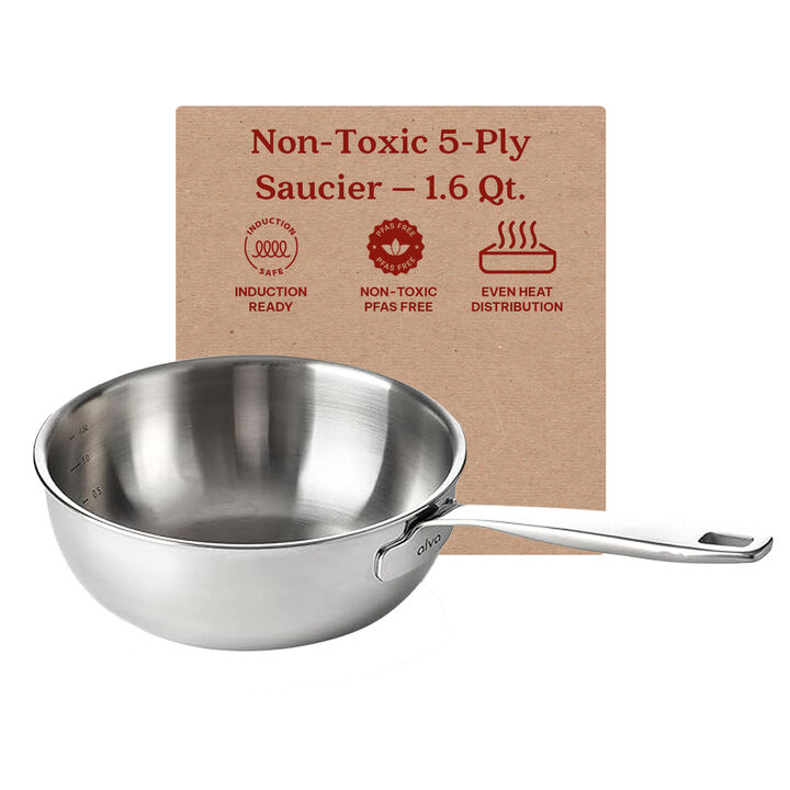 Alva Maestro 5-Ply Stainless Steel Saucier Pan 1.6 Qt. Lasered Measurement, Scratch Resistant Pot with Stay Cool Handle, Non Toxic, Compatible with All Stovetops, Oven Safe & Induction Safe