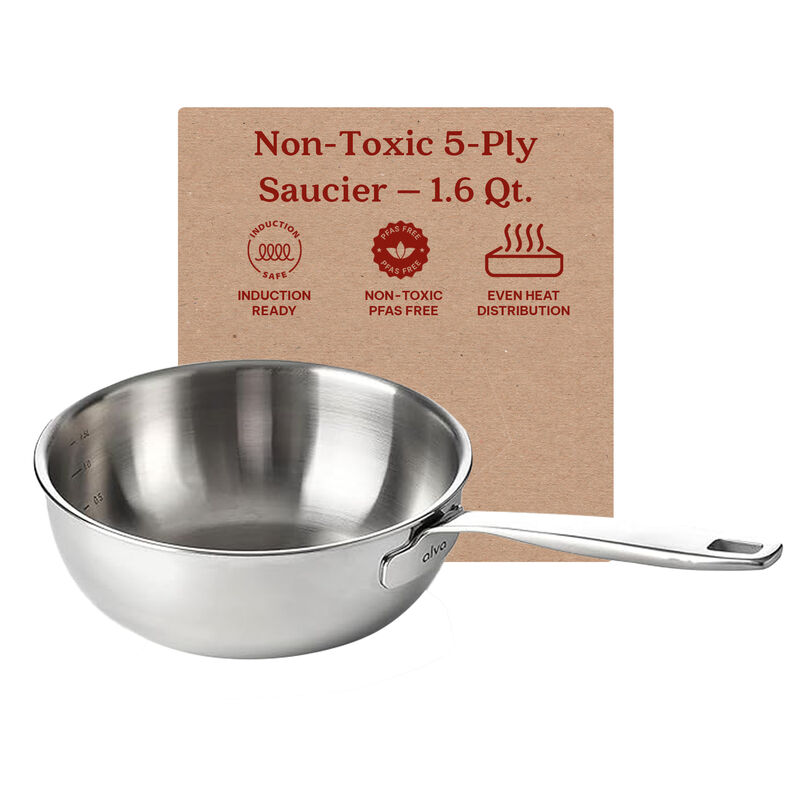 Alva Maestro 5-Ply Stainless Steel Saucier Pan 1.6 Qt. Lasered Measurement, Scratch Resistant Pot with Stay Cool Handle, Non Toxic, Compatible with All Stovetops, Oven Safe & Induction Safe