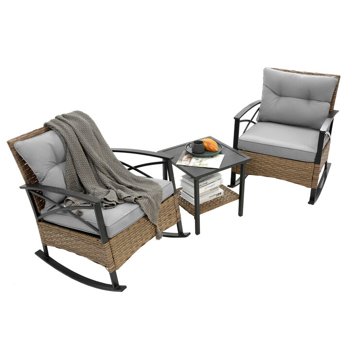 3 Pieces Rocking Rattan Set Wholesale Leisure Chair Outdoor Rattan Rocking Chair Set Grey
