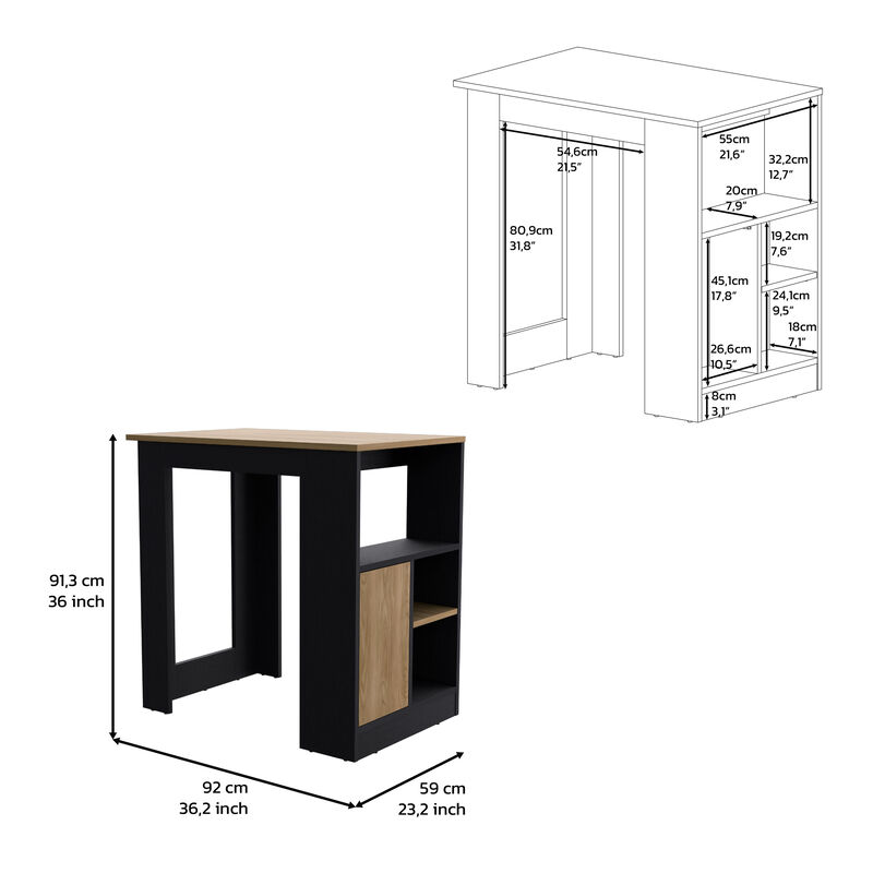 DEPOT E-SHOP Masset Kitchen Island 36" H with Side Shelves and Push-to-Open Cabinet, Black / Natural Oak