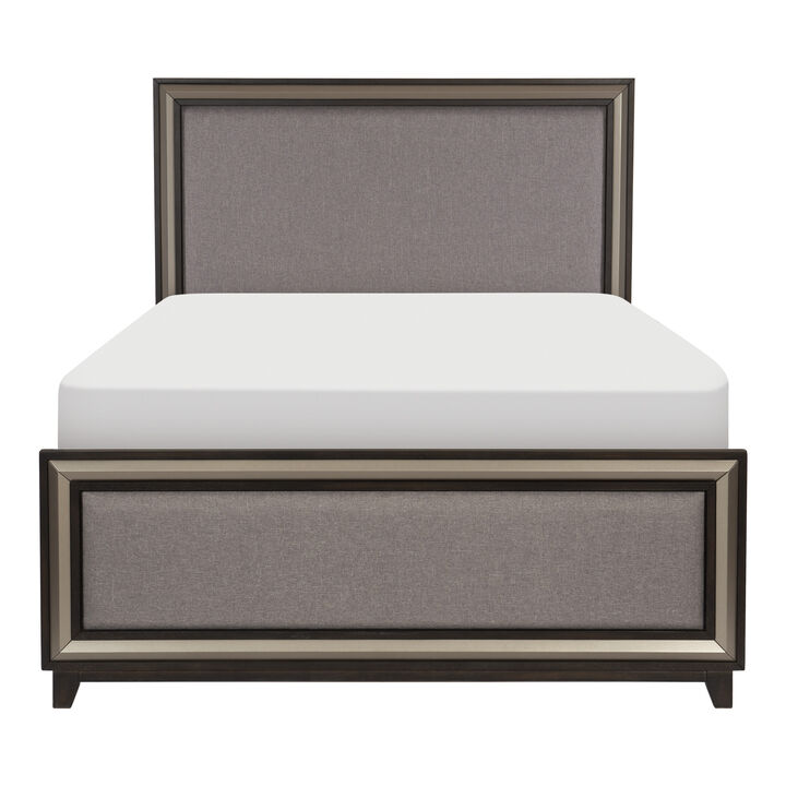 Uri Queen Size Platform Bed, Silver Banding, Polyester Upholstery, Black - Benzara