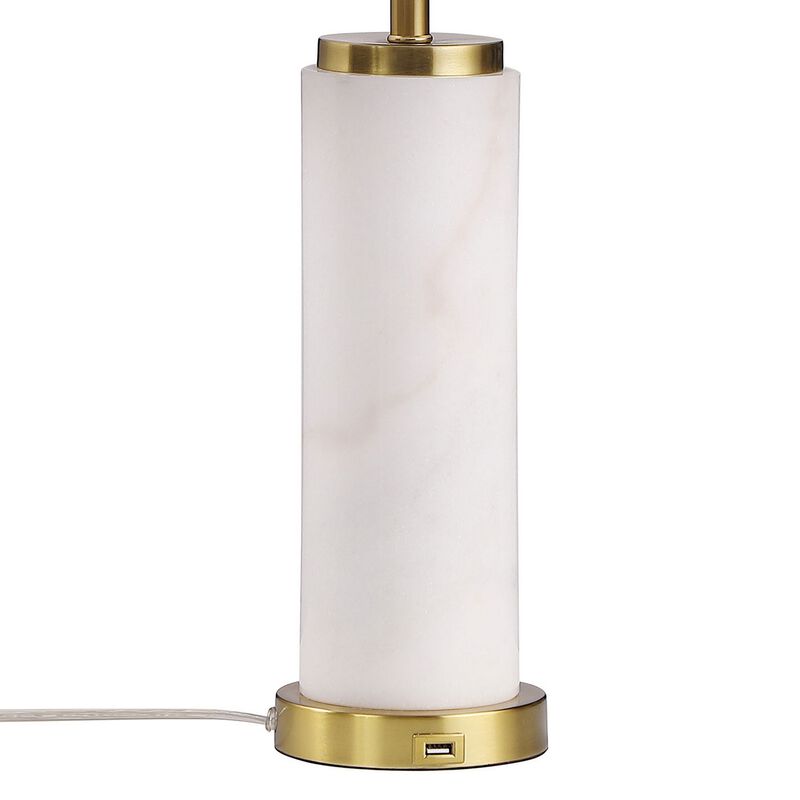 25 Inch Table Lamp, White Fabric Drum Shade, Modern Gold Metal Round Base - Benzara