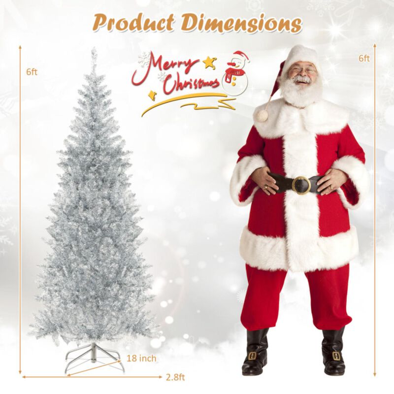 Hivvago 6/7 FT Pre-Lit Artificial Silver Tinsel Xmas Tree with 790 Branch Tips and 300 LED Lights