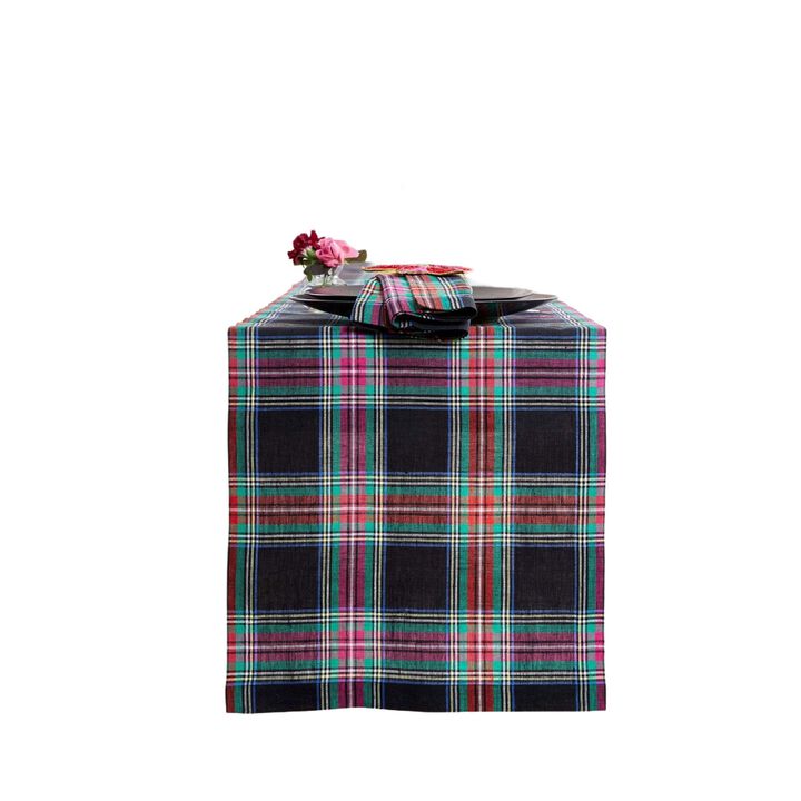 Solino Home 100% Pure Linen Black Jewel Plaid Table Runner