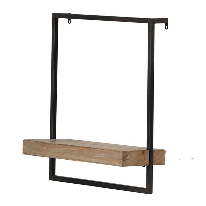 Yin 18 Inch Wall Shelf, Rectangular Industrial Frame, Black Iron Brown Wood - Benzara