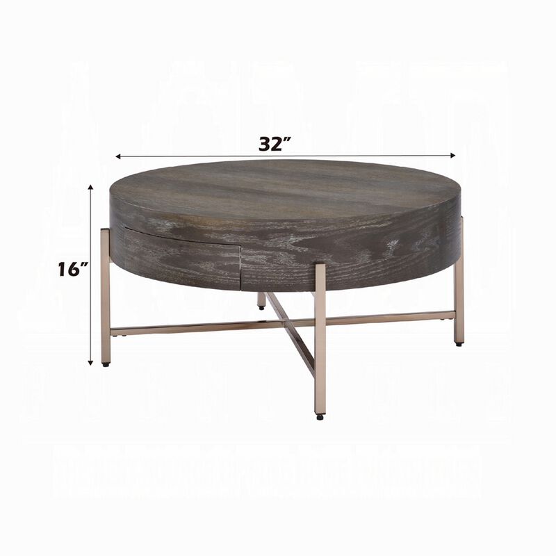 1 Drawer Round Modern Coffee Table with Crossed Metal Legs, Brown and Gold-Benzara
