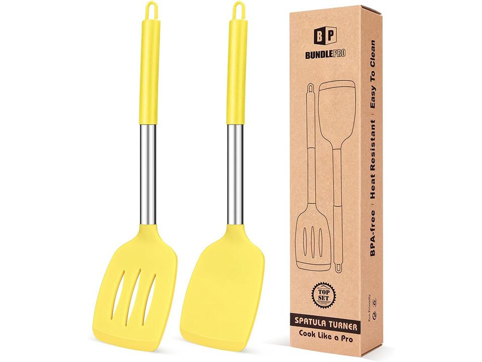 BUNDLEPRO Pack of 2 Silicone Solid Turner, Non Stick Slotted Kitchen Spatulas