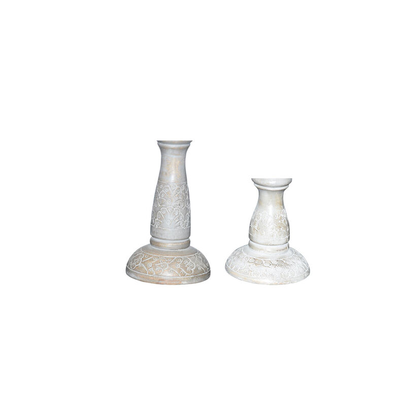 Traditional Gray Wash Eco-friendly Handmade Mango Wood Set Of Two 6" & 9" Pillar Candle Holder BBH Homes