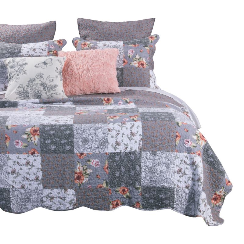 Microfiber Quilt and 1 Pillow Sham Set with Floral Prints, Multicolor - Benzara