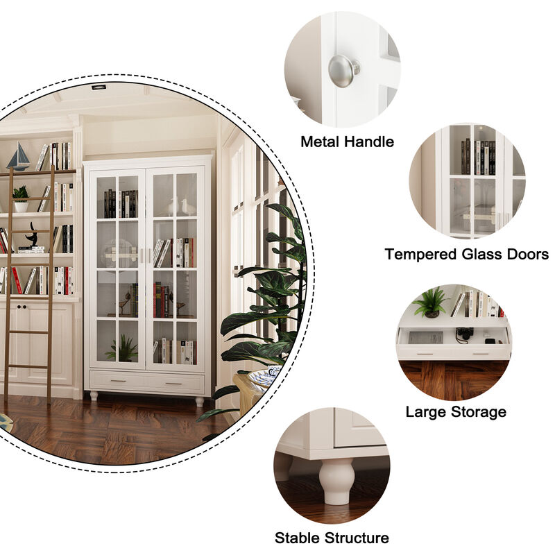 70.9"H Modern White Bookcase With Adjustable Shelves And Glass Doors