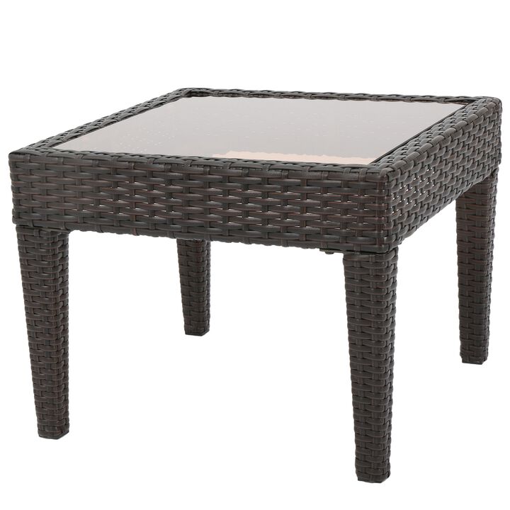 Annie Outdoor Accent Table, Square Tempered Glass 20 Inch Brown Wicker - Benzara