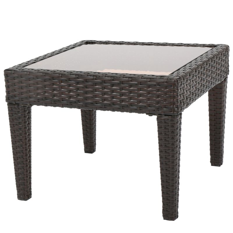 Annie Outdoor Accent Table, Square Tempered Glass 20 Inch Brown Wicker - Benzara