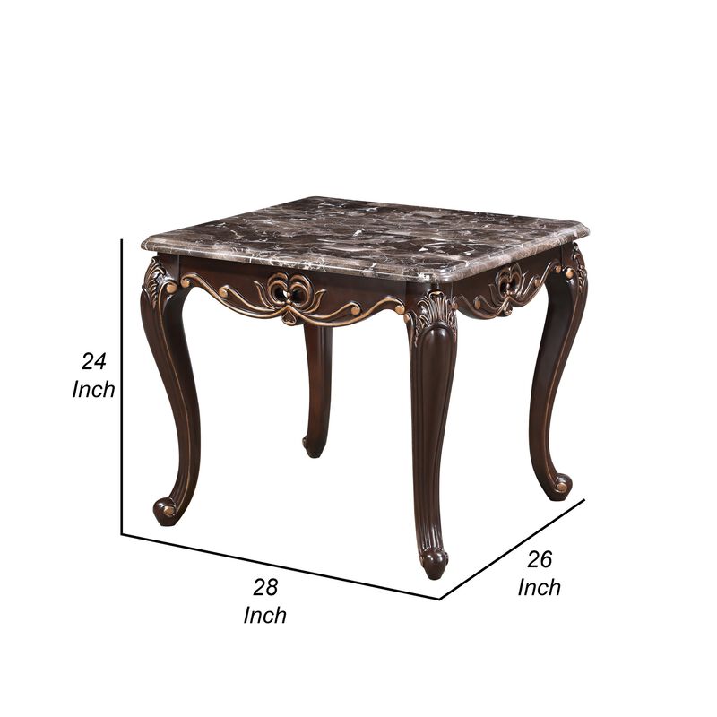 Cona 28 Inch Side End Table, Carved Gold Accents, Cherry Brown, Gray White - Benzara