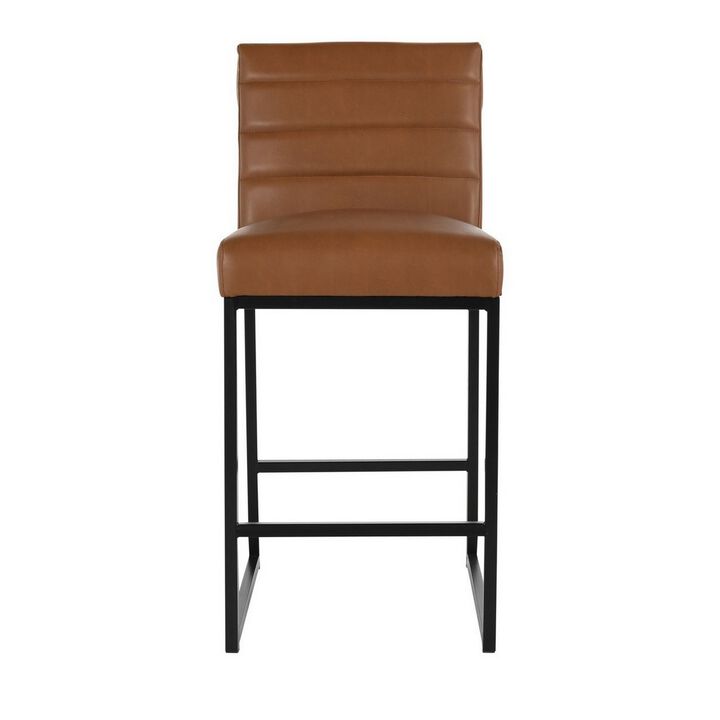 Vinn 26 Inch Modern Counter Stool, Channel Tufted, Brown Vegan Faux Leather - Benzara
