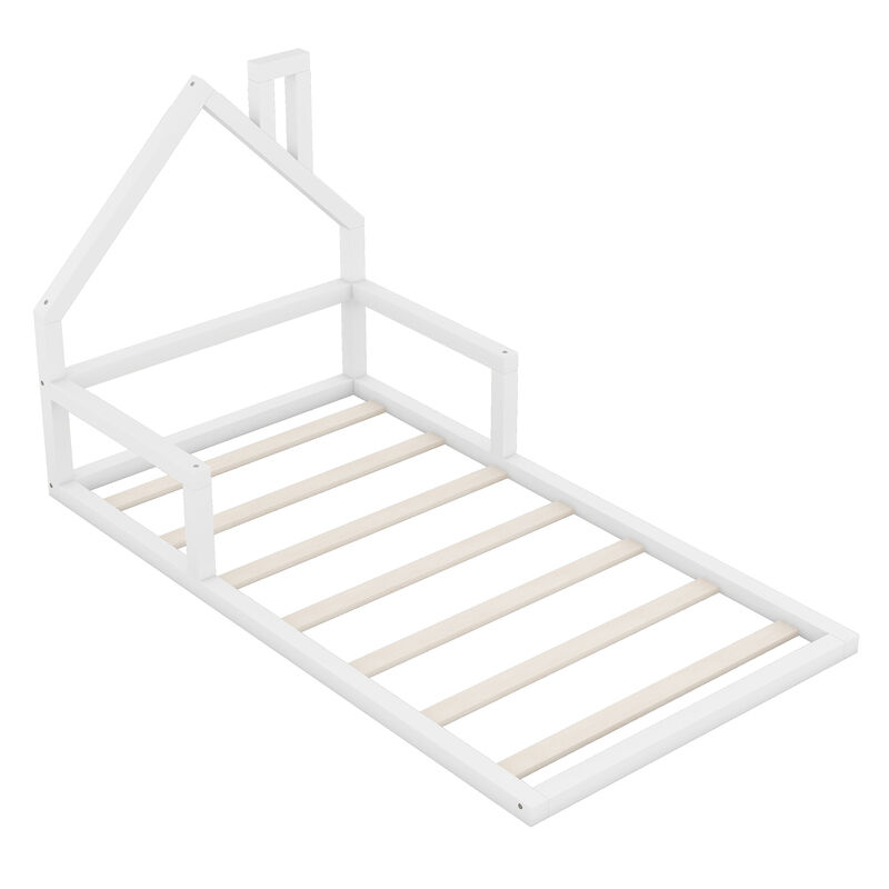 Merax Wood Floor Bed with House-shaped Headboard