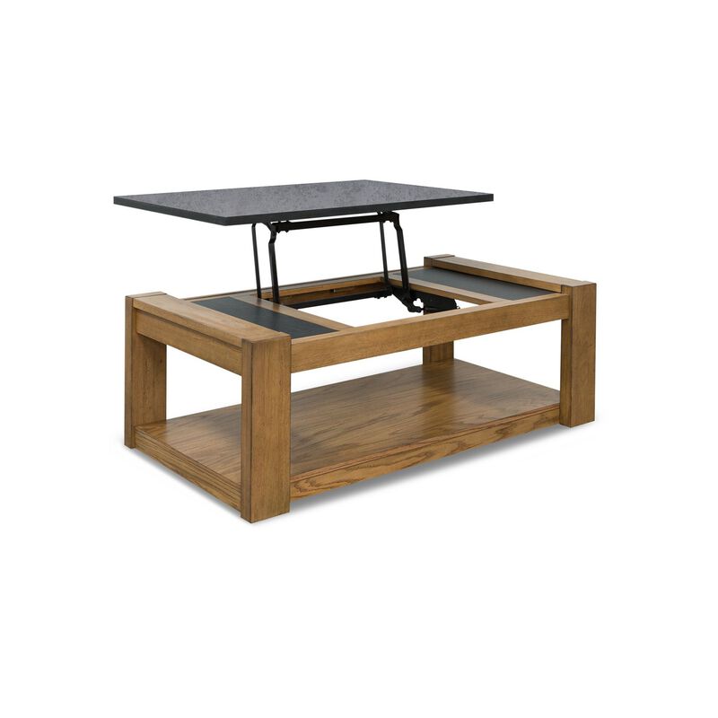 Enty Lift Top Coffee Table, Waterproof Faux Stone, 48 Inch Brown Wood - Benzara