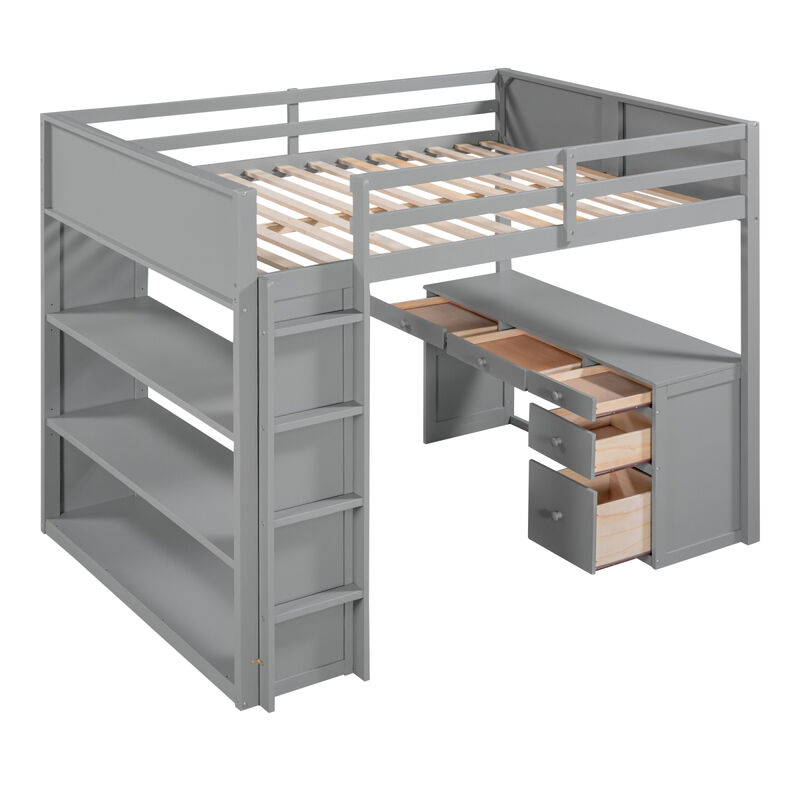 Full Size Loft Bed With Ladder, Shelves, And Desk